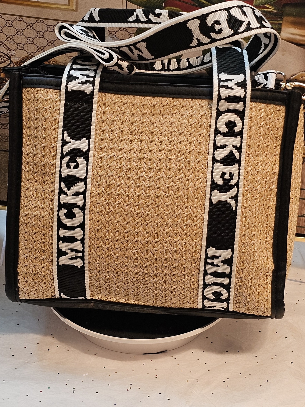 Disney Mickey Mouse Rafia Black & Natural Crossbody Bag - Picture 6 of 16